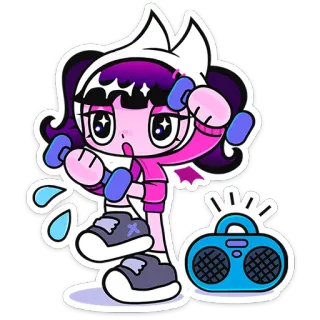 ⭐ 40913429 exercice, fitness, dessin animé, personnage, entraînement, haltères, musique telegram sticker