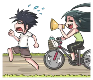 🏃 60e128f9 Verfolgung, Laufen, Mädchen, Megafon, Fahrrad, Cartoon whatsapp sticker