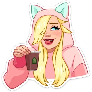 ☕️ 7906d953 cartoon, blonde, girl, pink, tea, cat, ears, hoodie telegram sticker