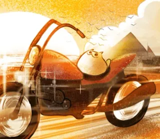 🦊 7362c677 gatto, moto, deserto, piramide, viaggio, cartone animato, avventura telegram sticker