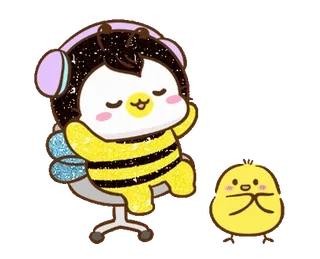 ⭐ 13ac359d 벌, 귀여운, 만화, 헤드폰, 동물, 카와이, 병아리 telegram sticker