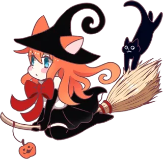 🔮 a608a458 bruxa, gato, halloween, vassoura, abóbora, chibi, anime telegram sticker