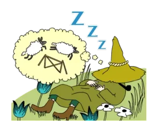 🦋 9dba0ce9 Snufkin Moomin snufkin, moomin, sleeping, dreaming, sheep, counting sheep, cartoon telegram sticker