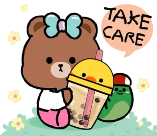 ⭐ a56eff85 TAKE CARE orso, cartone animato, carino, kawaii, prenditi cura, bubble tea whatsapp sticker