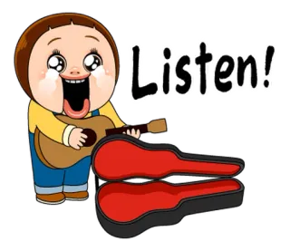 🎵 e6332702 Listen! Kartun, Musik, Gitar, Ceria, Mendengarkan, Riang telegram sticker