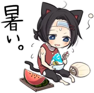 😣 094181b7 暑い。 anime, chibi, cat ears, shaved ice, watermelon, summer, hot telegram sticker