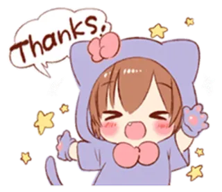 ❤️ 4cb03ca1 Thanks ขอบคุณ, ชุดแมว, คาวาอิ, น่ารัก, สไตล์อนิเมะ, จิบิ, ทักทาย telegram sticker