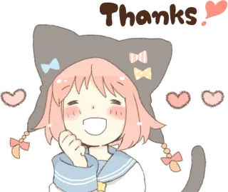 😊 cb85fbdb Thanks ขอบคุณ, แมว, คาวาอิ, ผู้หญิง, น่ารัก, หัวใจ telegram sticker