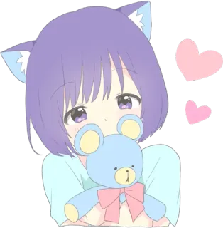 😘 8a30ff9e Anime, Kocia dziewczyna, Kawaii, Słodkie, Pluszowy miś, Serca, Pastelowe, Naklejka telegram sticker