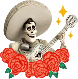 😌 025037ad Ernesto de la Cruz Coco esqueleto, guitarra, rosas, Coco, Ernesto de la Cruz, música, personagem, filme telegram sticker