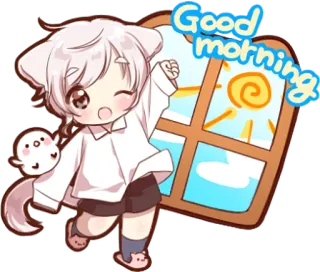 ☀️ d1f803c8 Good morning Selamat pagi, Anime, Lucu, Kawaii, Chibi, Kucing, Matahari telegram sticker