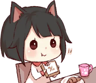 🍽 a034c296 cat, anime, eating, breakfast, cute, cartoon, table, croissant telegram sticker