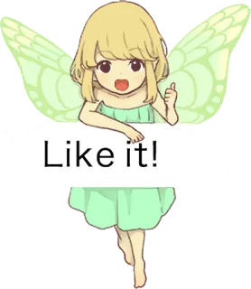 👍 a7fc7615 Like it! fee, niedlich, sticker, zustimmen, grün, cartoon, mädchen, flügel telegram sticker