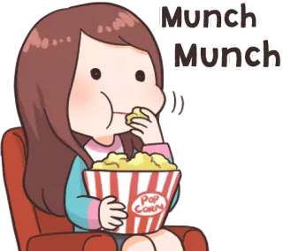 🍿 239780e6 Munch
Munch cartoon, eating, popcorn, snack, food, munching, girl whatsapp sticker
