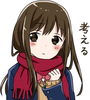 🤔 2845d57b 考える 애니메이션, 소녀, 일본, 스카프, 생각 whatsapp sticker