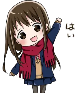 👋 e6e299f8 はい 애니메이션, 소녀, 귀여운, 목도리, 인사 whatsapp sticker