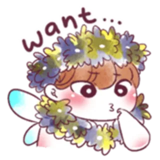 🤔 495156ce want... Blumenkranz, niedlich, Cartoon, Wunsch, Sehnsucht, Chibi, skurril telegram sticker