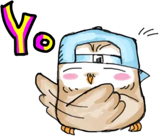 🤘 0defed7e Yo burung hantu, burung, topi, imut, kartun, salam, yo whatsapp sticker
