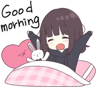 😪 87371a20 Good morning ผู้หญิง, อรุณสวัสดิ์, เตียง, น่ารัก, คาวาอิ whatsapp sticker