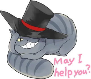 😏 01f50c02 Cheshire Cat Alice in Wonderland May I help you? gatto, gatto del Cheshire, Alice nel paese delle meraviglie, cappello, sorriso, cartone animato whatsapp sticker