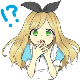 🤭 61643570 Alice Alice in Wonderland anime, cartone animato, ragazza, bionda, Alice, paese delle meraviglie, domanda, espressione whatsapp sticker