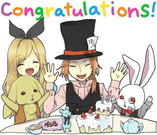 😃 a76d2f21 Congratulations! congratulazioni, festa, anime, personaggi, torta, festa whatsapp sticker