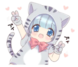 ✌️ ccf7bbf3 アリ Аниме, Кот, Чиби, Милый, Знак мира, Сердечки telegram sticker
