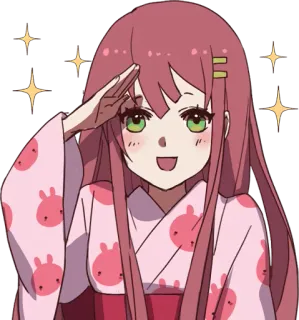 ✨ 3ac06a5c gadis anime, hormat, imut, rambut merah muda, mata hijau, berkilau, kartun whatsapp sticker