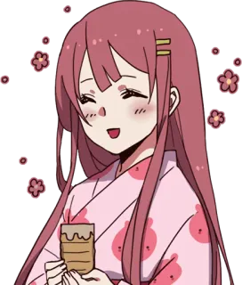 😄 5c17407d gadis anime, yukata, tersenyum, minum, imut, rambut merah muda, bunga whatsapp sticker