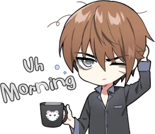 😪 89fb9813 Uh Morning 朝, 眠い, アニメ, ちび, コーヒー telegram sticker