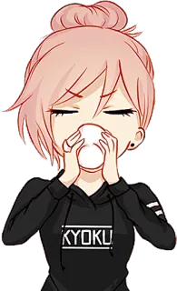 ☕ 24c776bd KYOKU! fille anime, boire, mignon, kawaii, sweat à capuche, cheveux roses whatsapp sticker
