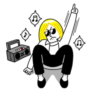 🌝 a103167d música, dança, boombox, desenho animado, cabelo loiro, óculos de sol, festa telegram sticker
