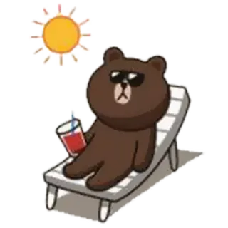 🌤 a2a24060 Brown クマ, サングラス, ビーチチェア, 太陽, リラックス, 飲み物, 漫画, かわいい telegram sticker