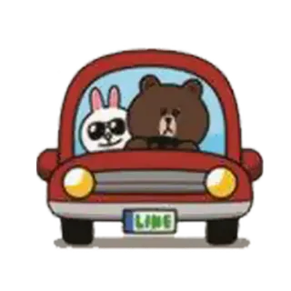 🚗 fc63e252 LINE 漫画, 車, ウサギ, クマ, 運転, LINE FRIENDS telegram sticker