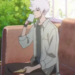 💈 2c35f46e Anime, Weiße Haare, Kaffee, Sitzend, Entspannt, Casual telegram sticker