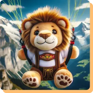 😘 0fa04aaf león, peluche, parapente, montañas, paracaidismo, aventura, león de dibujos animados, alpino telegram sticker