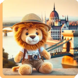 💟 28668b5a león, peluche, viajes, cámara, sombrero, Budapest, turista, lindo, aventura telegram sticker
