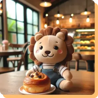 🧡 4db24310 león, peluche, panadería, cafetería, rollo de canela, lindo, comida, interior telegram sticker