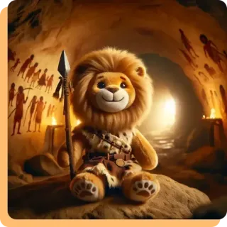 🎁 5326d2b0 león, peluche, cavernícola, prehistórico, lanza, cueva, obra de arte, antiguo telegram sticker