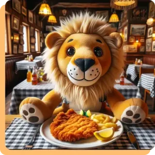 🎨 6d011b6d león, peluche, restaurante, comida, escalope, patatas fritas, limón, comida telegram sticker