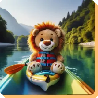 😘 9170d76a león, kayak, río, aventura, peluche, chaleco salvavidas, naturaleza telegram sticker