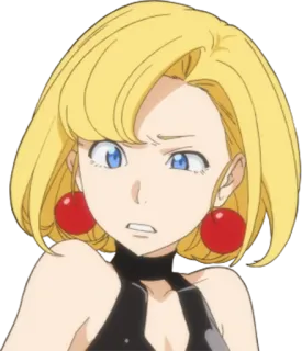 😧 a04f7360 anime, mujer, pelo rubio, pendientes rojos, dibujos animados whatsapp sticker