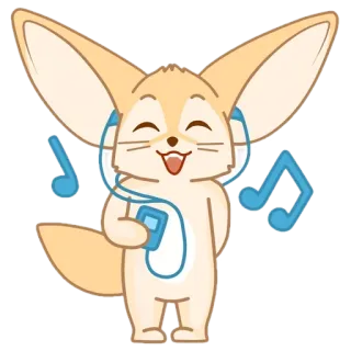🦊 7f451411 fennec, animal, mignon, dessin animé, musique, casque audio, écoute telegram sticker