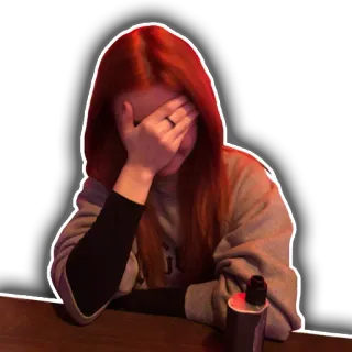 🙈 043259f6 女性, 顔を隠す, 灰色のスウェット, 電子タバコ, テーブル, 赤い髪 telegram sticker