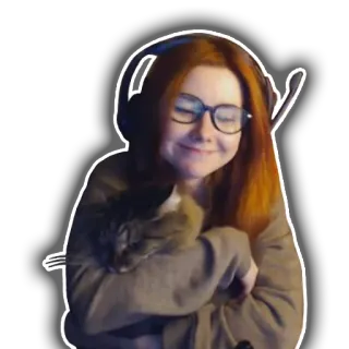 ☺️ a77ac5ec 女性, 猫, ポートレート, ヘッドホン, メガネ, 赤い髪 telegram sticker