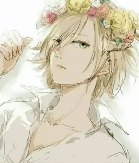 ❄️ 0b6ef832 Anime, Couronne de fleurs, Cheveux blonds, Art, Homme, Portrait whatsapp sticker