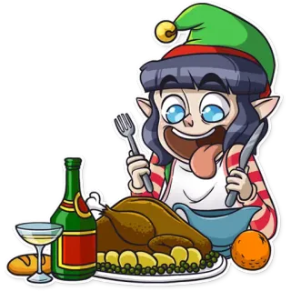 🍽 96c932d3 elf, weihnachten, abendessen, truthahn, feiertag, cartoon whatsapp sticker