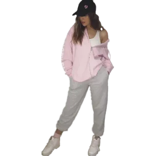 🧢 78ba5bab mulher, moletom rosa, roupa casual, calças de moletom, tênis, retrato telegram sticker