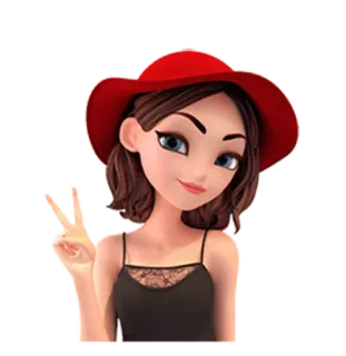 ✌ 35f0439d femme, dessin animé, chapeau rouge, signe de paix, mode telegram sticker