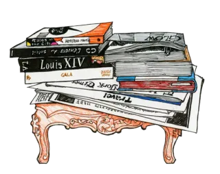 📚 47d1431f Stories of the city, CD Leavers du Solei, LOUIS XIV, Gala, York Times, Travel books, magazines, newspapers, table, pile, reading material telegram sticker